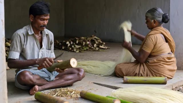 Indian Artisans Extracting Natural Banana Fiber for Traditional Handicrafts