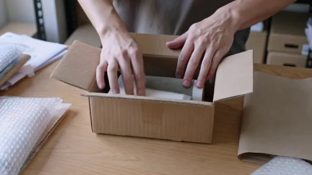 Small Business Owner Packing Order into Cardboard Box for Delivery