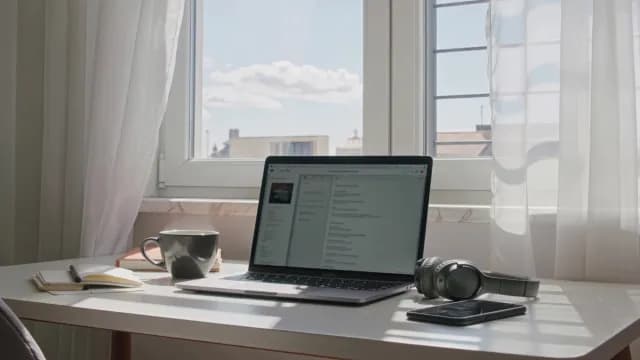 Modern Home Office Workspace with Laptop and Steaming Coffee by Window