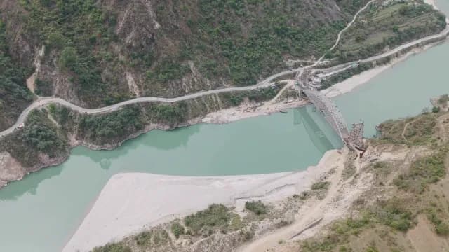 Aerial View of Bridge Over Turquoise Alaknanda River, Rudraprayag Road, Uttarakhand in Mountainous Landscape