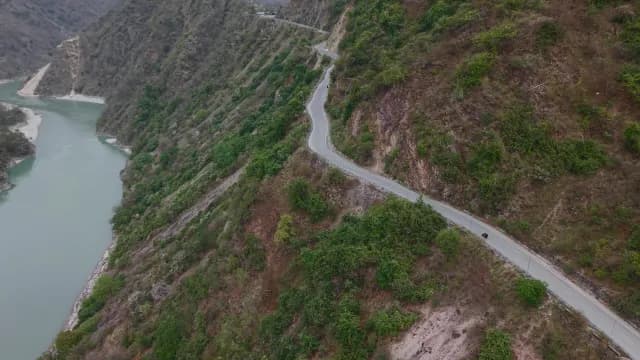 Aerial View of Winding Mountain Road Along the Alaknanda River, Rudraprayag Road, Uttarakhand