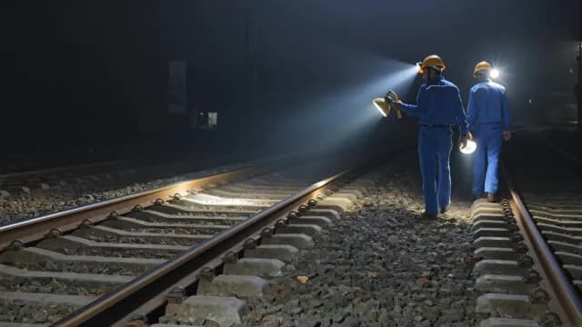 Railway Maintenance Workers Inspecting Tracks with Flashlights at Night