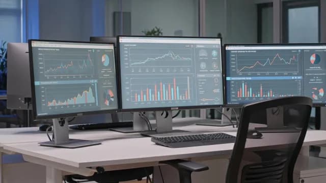 Professional Data Analytics Workstation with Multiple Monitors and Financial Charts