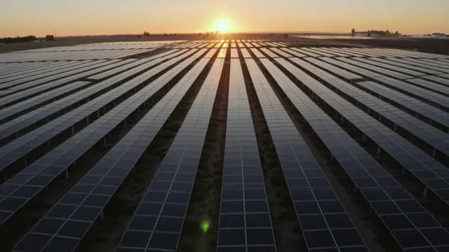 Aerial View of Solar Panel Farm at Sunset for Renewable Energy