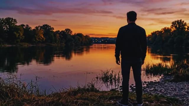 Man Standing by Riverbank Watching Vibrant Sunset Over Water