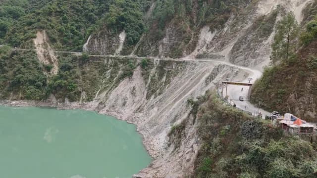 Scenic Mountain Road Overlooking Turquoise River in Alaknanda River, Rudraprayag Road, Uttarakhand