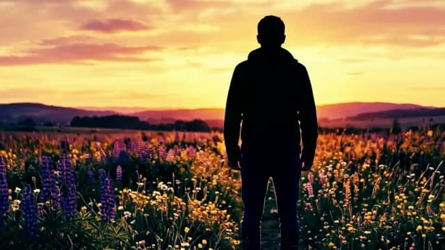 Silhouette of a Man Standing in a Wildflower Field at Sunset