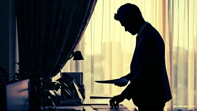 Silhouette of Businessman Reviewing Documents in Office at Sunset