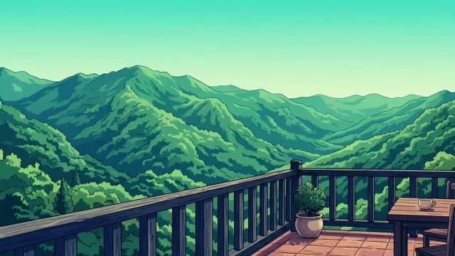 Serene Anime Style Balcony View Overlooking Lush Green Mountains
