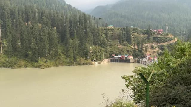 Hydroelectric Dam and Reservoir in the Lush Green Mountains of Parvati River Dam, Barshaini Village in Kasol