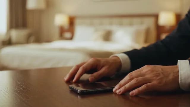 Businessman Hands and Smartphone on Table in Luxury Hotel Room