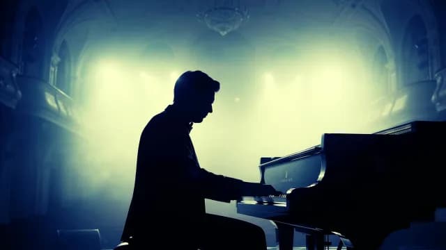 Silhouette of a Professional Pianist Playing Grand Piano in Concert Hall