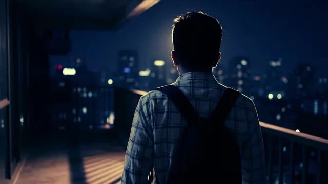 Man with Backpack Looking at City Lights from Balcony at Night