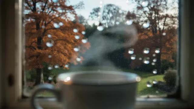 Steaming Hot Coffee Cup by Rainy Window with Autumn View
