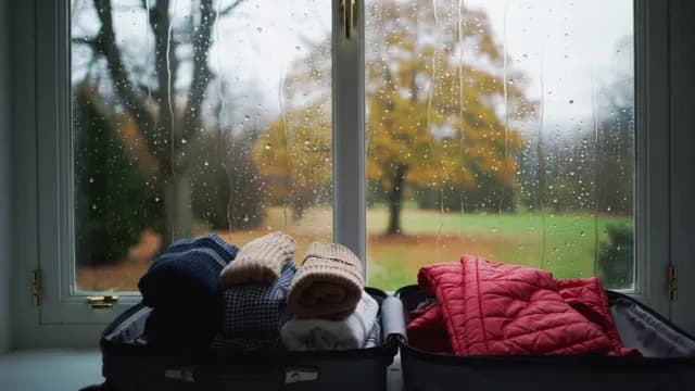 Open Suitcases with Warm Clothes by a Rainy Autumn Window