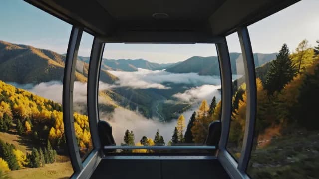 Scenic Gondola Ride Over Misty Autumn Mountain Valley