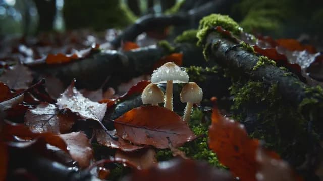 Macro Shot of Tiny Mushrooms with Dew Drops on Forest Floor