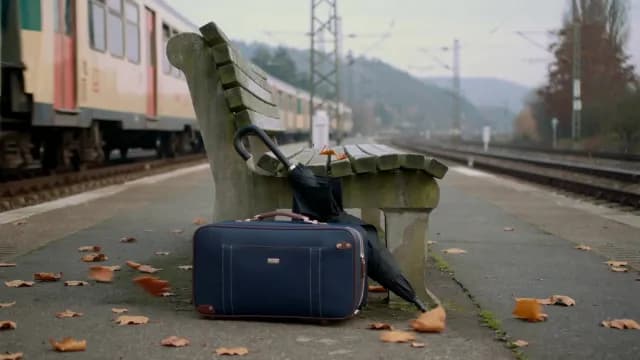 Forgotten Luggage and Umbrella on a Deserted Train Platform in Autumn