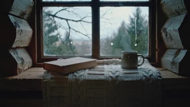 Cozy Rainy Day Scene with Steaming Mug and Book in Cabin