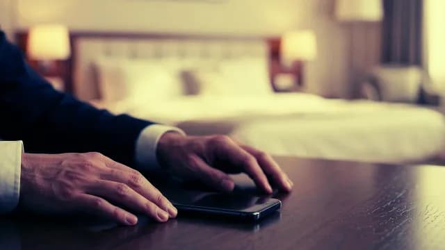 Businessman Waiting with Smartphone on Table in Luxury Hotel Room