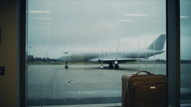 Rainy Day at Airport with Airplane and Suitcase Behind Window