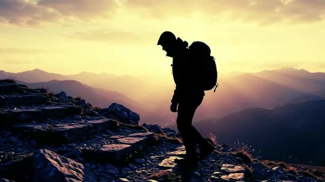 Silhouette of Hiker Walking on Mountain Ridge at Sunset