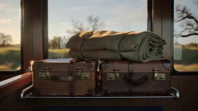 Vintage Suitcases and Rolled Blanket on a Moving Train Luggage Rack
