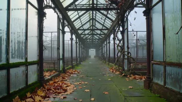 Atmospheric Abandoned Victorian Greenhouse with Fallen Autumn Leaves in Fog