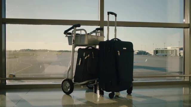 Luggage and Cart at Airport Terminal Window Overlooking Tarmac