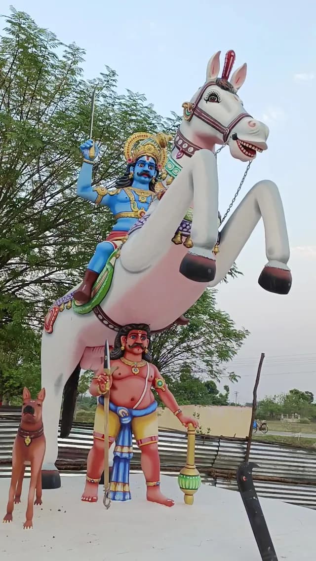 Colorful Statue of Lord Karuppasamy Riding a White Horse TamilNadu