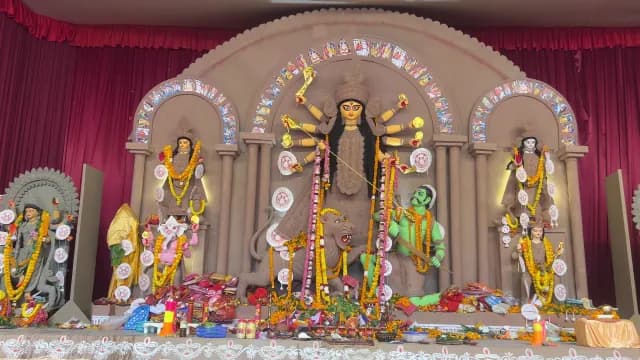 Ornate Goddess Durga Idol at a Traditional Durga Puja Festival Pandal