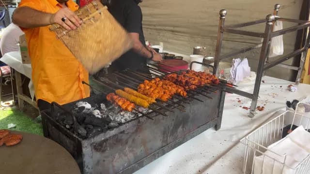 Street Food Vendor Grilling Chicken and Seekh Kebabs on Charcoal
