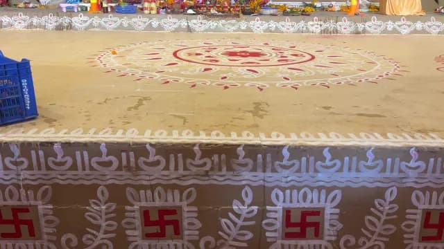 Traditional Indian Rangoli Art and Alpana Patterns on Ceremonial Platform