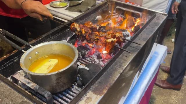 Street Food Chef Grilling Chicken Kebabs Over Hot Charcoal