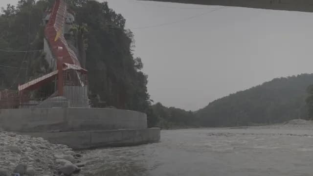 Red Metal Stairs Built into a Rocky Cliff Overlooking a River, Ramnagar, Jim Corbett, Uttarakhand